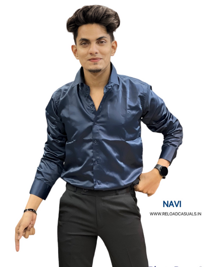 Plain Satin Shirt  - Navy Blue